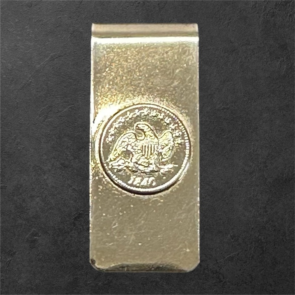 Vintage Money Clip Coin Design 1840 Liberty Style Silver Tone Minimalist